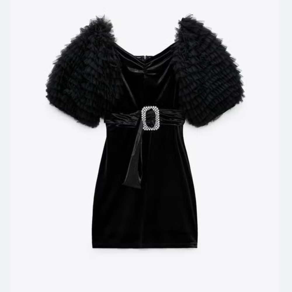Zara Black One-Shoulder Dress with Ruffled Tulle Puff Sleeve